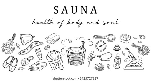 Sauna and wellness body care vector banner template. Set of doodle hand drawn elements.