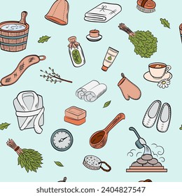 Sauna and wellness color background. Vector seamless template. Hand drawn spa elements collection.