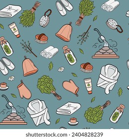 Sauna and wellness color background. Vector seamless template. Hand drawn spa elements collection.
