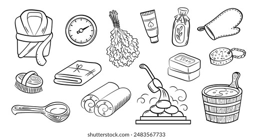 Sauna and wellness outline illustrations. Vector set of cute elements in doodle style isolated on white background. 