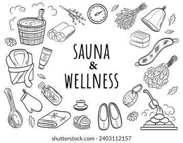 Sauna and wellness. Set of doodle elements. Premium body care vector banner template.