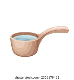 Sauna wooden ladle full of water vector illustration. Cartoon isolated wood bucket for pouring clean liquid into bathtub, traditional ladle for spa procedures in Japanese hot spring onsen, bathhouse