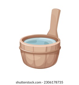 Sauna wooden tub with handle vector illustration. Cartoon isolated traditional bath bucket with water for bathing, wood vintage household round tub for banya, Japanese hot spring onsen, laundry