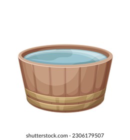 Sauna wooden tub with water vector illustration. Cartoon isolated traditional wood bucket for Japanese hot spring onsen, spa sauna or Russian banya, bath container and rustic brown basin of bathhouse