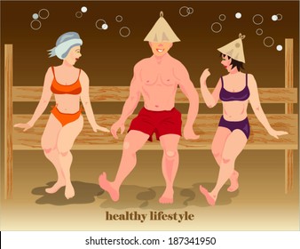 sauna,cheerful people in a sauna,illustration background.