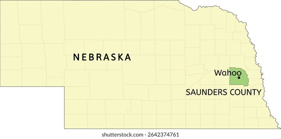 Ubicación en el mapa de Saunders County y la ciudad de Wahoo