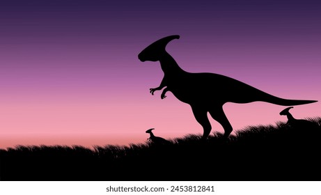 Saurolophus in a field, flat color illustration