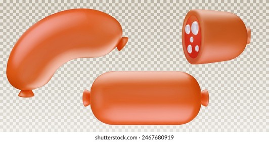 Sausage in 3d cartoon style. Cute realistic render element isolated on transparent background. Soft plastic or clay child toy. Vector illustration.