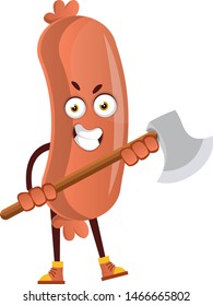 Sausage with axe, illustration, vector on white background.