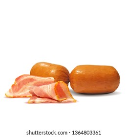 Sausage and  bacon low poly. Fresh, nutritious, tasty sausage and  bacon. Vector illustration. Sausage and  bacon in triangulation technique.