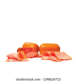 Sausage and  bacon low poly. Fresh, nutritious, tasty salami and  bacon. Vector illustration. Sausage and  bacon in triangulation technique.