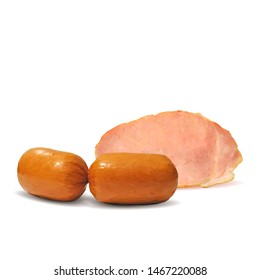Sausage and  bacon low poly. Fresh, nutritious, tasty sausage and  bacon. Vector illustration. Sausage and bacon in triangulation technique.