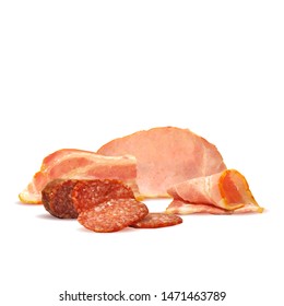 Sausage and  bacon low poly. Fresh, nutritious, tasty sausage and  bacon. Vector illustration. Sausage and bacon in triangulation technique.