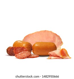 Sausage and  bacon low poly. Fresh, nutritious, tasty sausage and  bacon. Vector illustration. Sausage and bacon in triangulation technique.