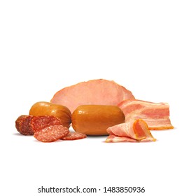 Sausage and  bacon low poly. Fresh, nutritious, tasty sausage and  bacon. Vector illustration. Sausage and bacon in triangulation technique.