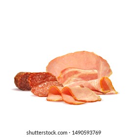 Sausage and  bacon low poly. Fresh, nutritious, tasty salami and  bacon. Vector illustration. Sausage and  bacon in triangulation technique.