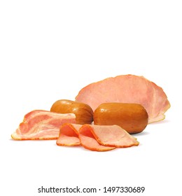 Sausage and  bacon low poly. Fresh, nutritious, tasty salami and  bacon. Vector illustration. Sausage and  bacon in triangulation technique.