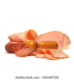 Sausage and  bacon low poly. Fresh, nutritious, tasty salami and  bacon. Vector illustration. Sausage and  bacon in triangulation technique.