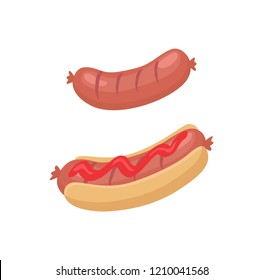 Sausage for barbecue and hot dog icons in cartoon style. One grilled banger and another between buns covered with sauce or ketchup, isolated emblem