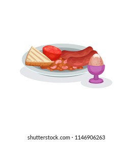 Sausage, beans, tomato, bread and boiled egg in egg cup, traditional English breakfast vector Illustration on a white background