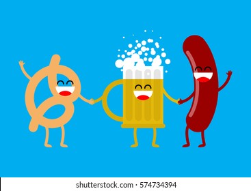 Sausage, beer and pretzels. Merry food for Oktoberfest. German holiday
