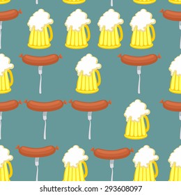 Sausage and beer seamless pattern. Symbol of German Oktoberfest holiday. Vector background.