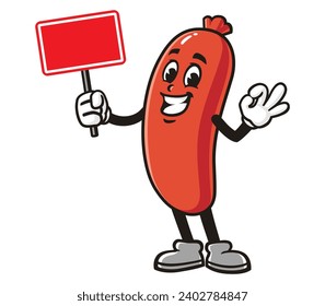 sausage with blank sign board cartoon mascot illustration character vector clip art