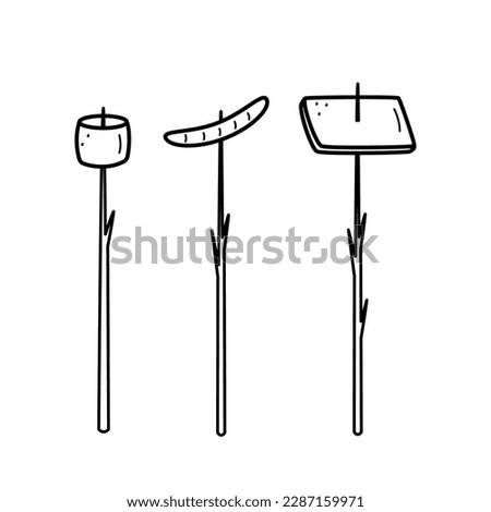 Sausage, bread and marshmallows on a branch. Fried food on a campfire, a snack on a hike, camping. Doodle vector illustration.