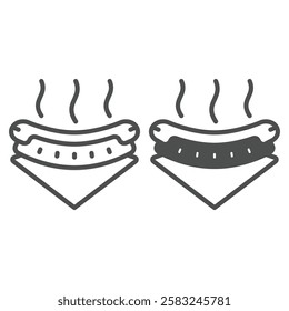 Sausage in bun on napkin line and solid icon, bakery concept. Vector graphics. Hotdog bun sign on white background, outline style icon for mobile or web design