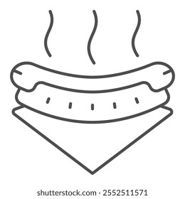 Sausage in bun on napkin thin line icon, bakery concept. Vector graphics. Hotdog bun sign on white background, outline style icon for mobile or web design