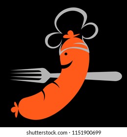 sausage in the cap of the cook and with a fork cafe minimalist art logo