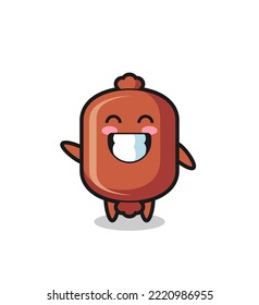sausage cartoon character doing wave hand gesture , cute design