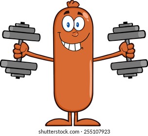 Sausage Cartoon Character Training With Dumbbells. Vector Illustration Isolated On White