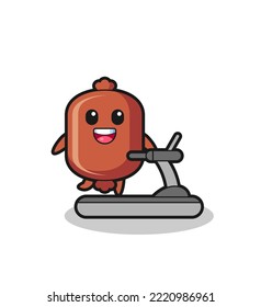 sausage cartoon character walking on the treadmill , cute design