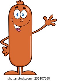 Sausage Cartoon Character Waving. Vector Illustration Isolated On White
