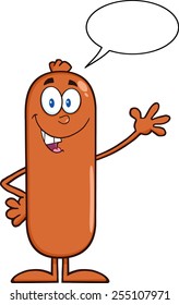 Sausage Cartoon Character Waving. Vector Illustration Isolated On White With Speech Bubble