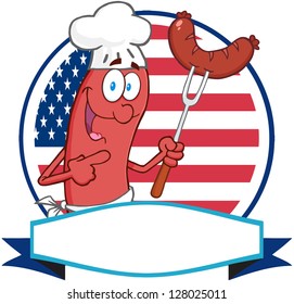 Sausage Cartoon Logo Over A Circle And Blank Banner In Front Of Flag Of USA