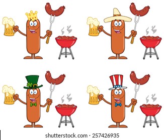Sausage Cartoon Mascot Character 11. Vector Collection Set Isolated On White