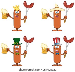 Sausage Cartoon Mascot Character 13. Vector Collection Set Isolated On White