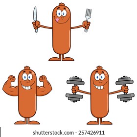 Sausage Cartoon Mascot Character 5. Vector Collection Set Isolated On White