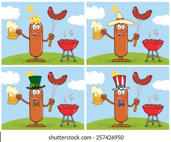 Sausage Cartoon Mascot Character 9. Vector Collection Set Isolated On White
