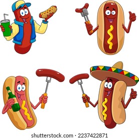 Sausage Cartoon Mascot Characters. Vector Hand Drawn Collection Set Isolated On Transparent Background 