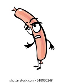 Sausage cartoon is sad with your hands down. Color vector flat illustration isolated on white background.