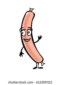 Sausage cartoon smiles and waves his hand. Color vector flat illustration isolated on white background.