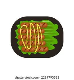 Sausage cartoon vector illustration with vegetables on a plate. Restaurant cuisine. Restaurant beef.