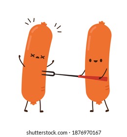 Sausage character design. Sausage on white background. Sausage on a fork isolated on white background.