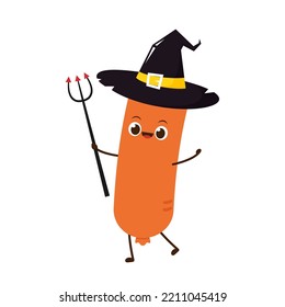 Sausage character design. Sausage on white background. Sausage on a fork isolated on white background. Grilled sausage.