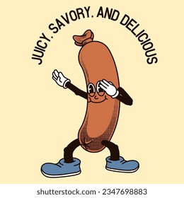 Sausage Character Design With Slogan Juicy, Savory, and Delicious