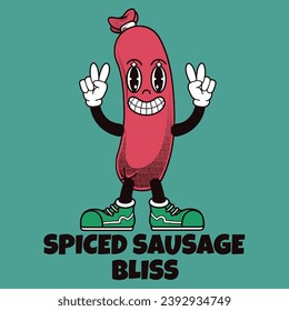 Sausage Character Design With Slogan Spiced Sausage Bliss