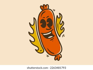 Sausage character illustration design with smiling face and fire flame